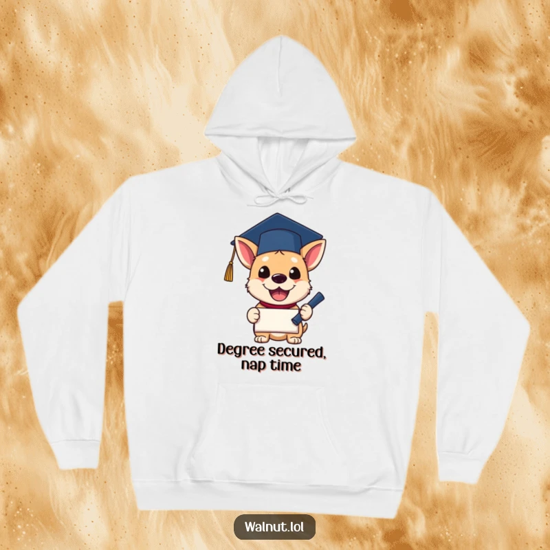 Funny Hoodie showcasing a dog wearing a graduation cap, ecstatically holding a diploma. Embodies achievement and celebration.
