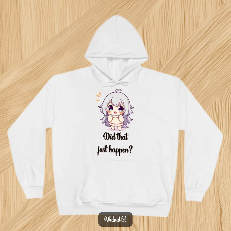 Funny hoodie showcasing a character striking a playful, surprised pose, perfect for cozy and expressive vibes.