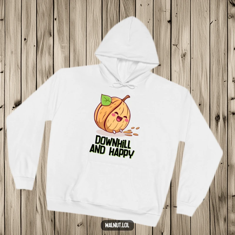 Funny hoodie depicting a walnut character comically rolling downhill, creating a fun and lighthearted effect.