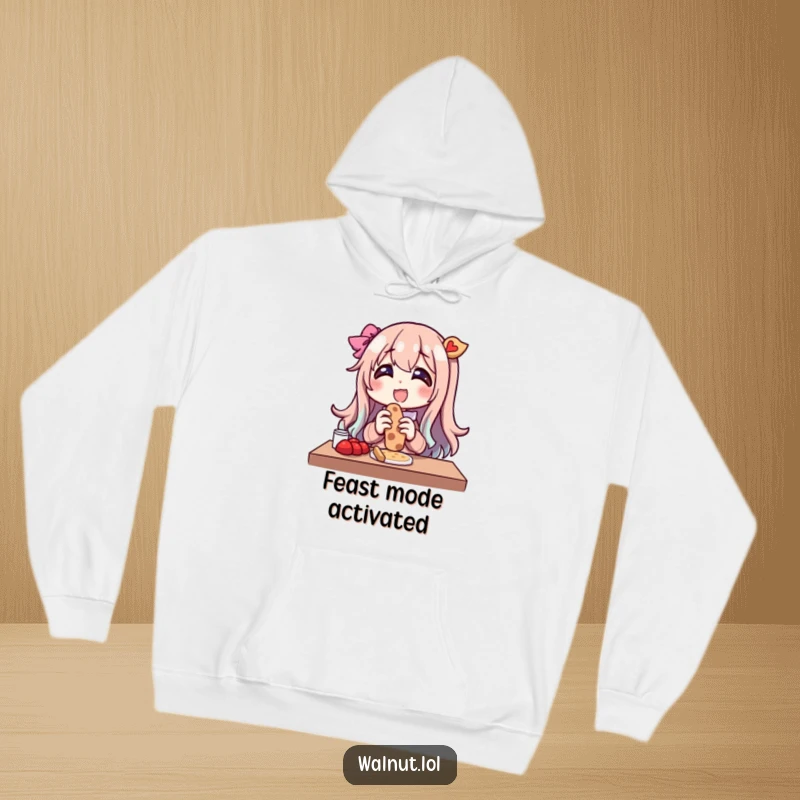 Funny hoodie showcasing a character's absolute delight and glee while savoring an outdoor snack. Cozy and cheerful vibes.
