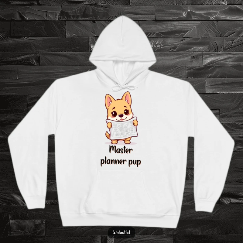 Funny blueprint dog hoodie with a curious dog examining intricate plans, perfect for cozy contemplation and genius ideas.