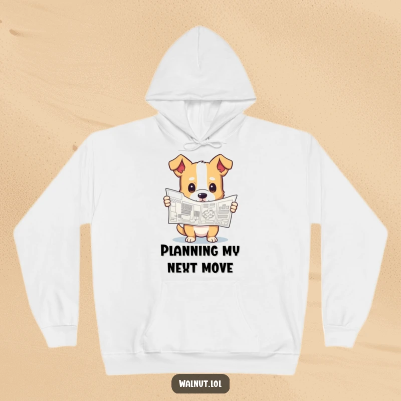 Funny hoodie depicting a dog holding a complex blueprint, looking curiously thoughtful, suitable for creative minds and warm comfort.