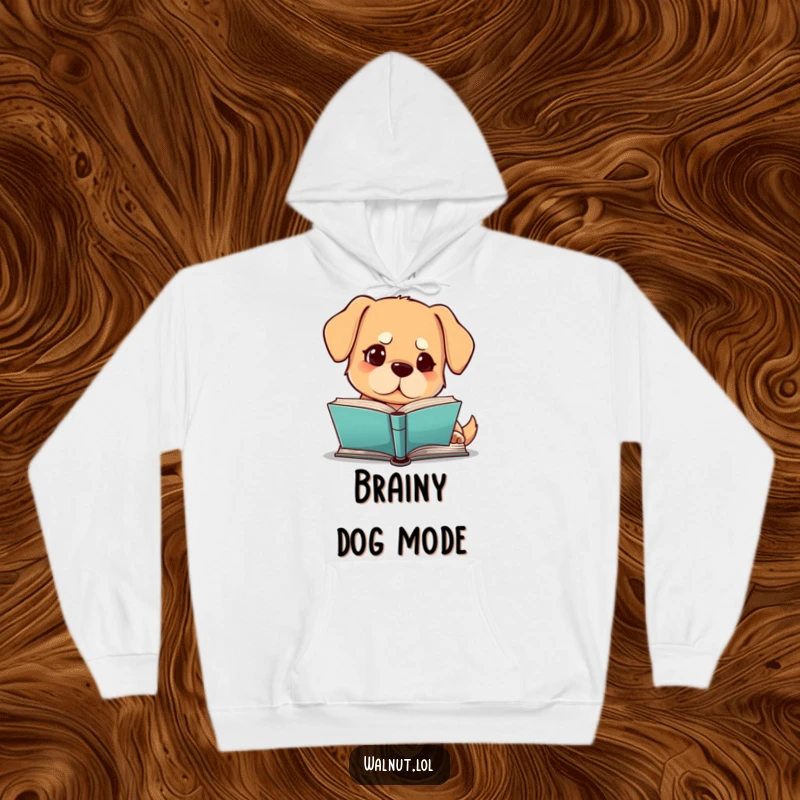 Funny dog hoodie featuring a dog intently reading a book with a furrowed brow, cozy and intellectual, funny gift.