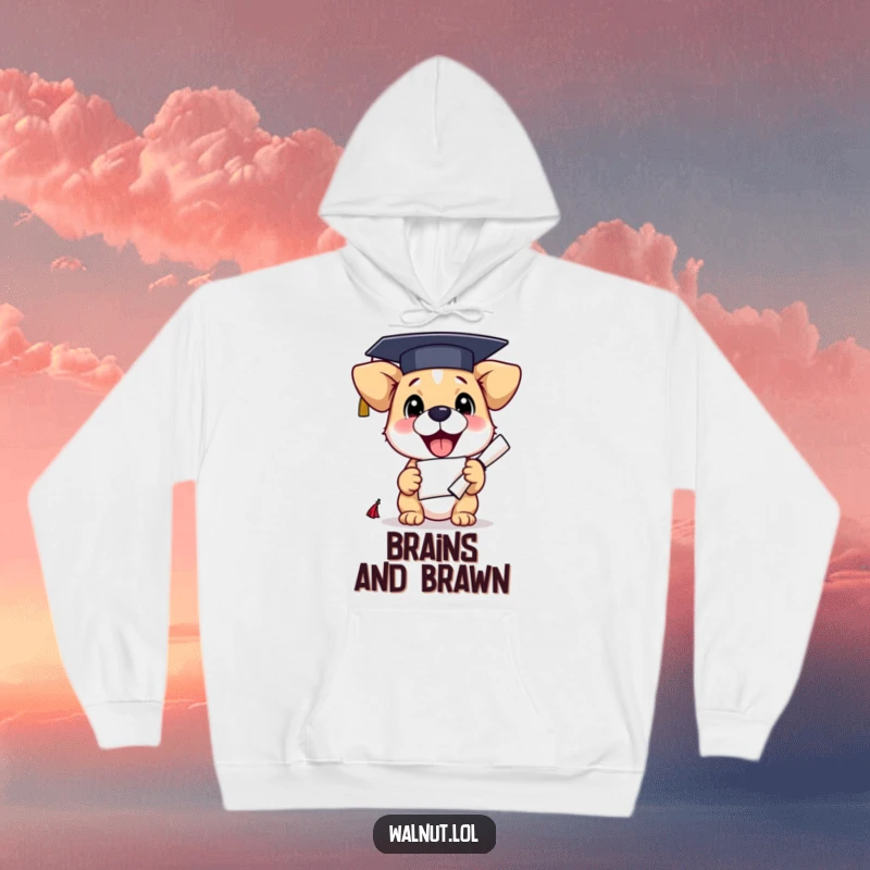 Funny graduation dog hoodie showcasing a proud pup in academic regalia, diploma in paw, ready for cheers and compliments.