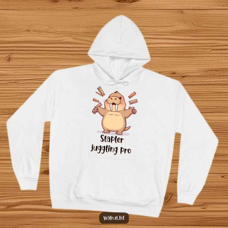 Funny hoodie depicting a walrus juggling staplers, offering warmth and a humorous reminder of office-related fun.