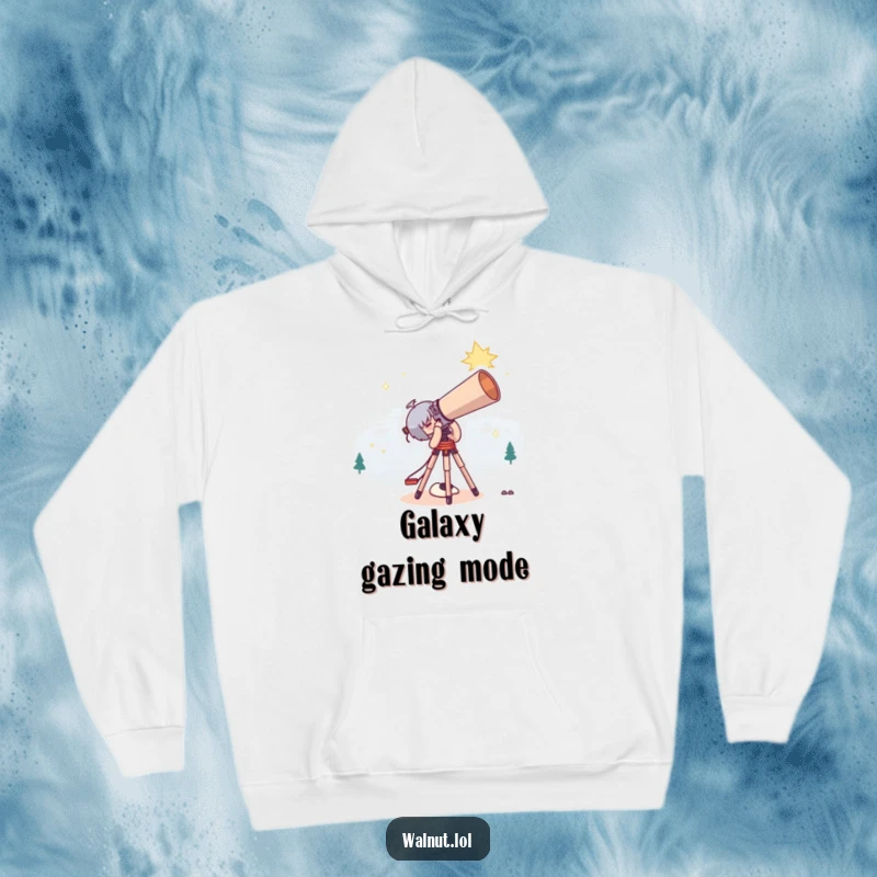 Funny Hoodie depicting a cute character stargazing with a comically large telescope, perfect for cozy nights.