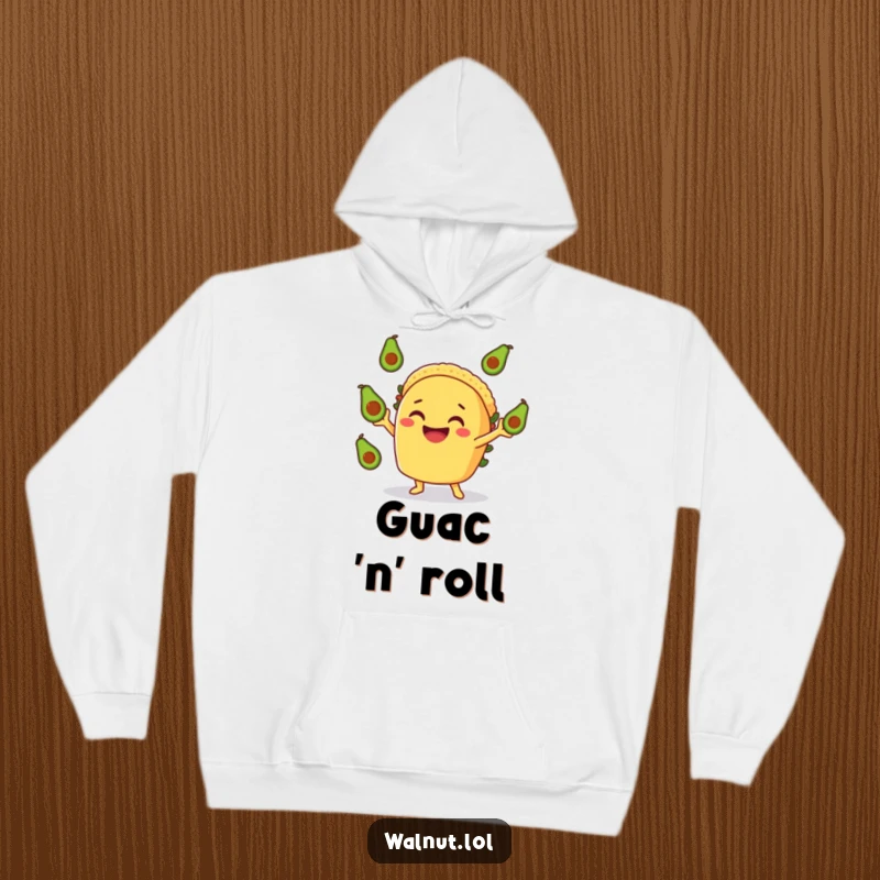 Funny Taco Juggler Hoodie: A smiling taco character joyfully juggling avocados, offering cozy and funny foodie vibes.