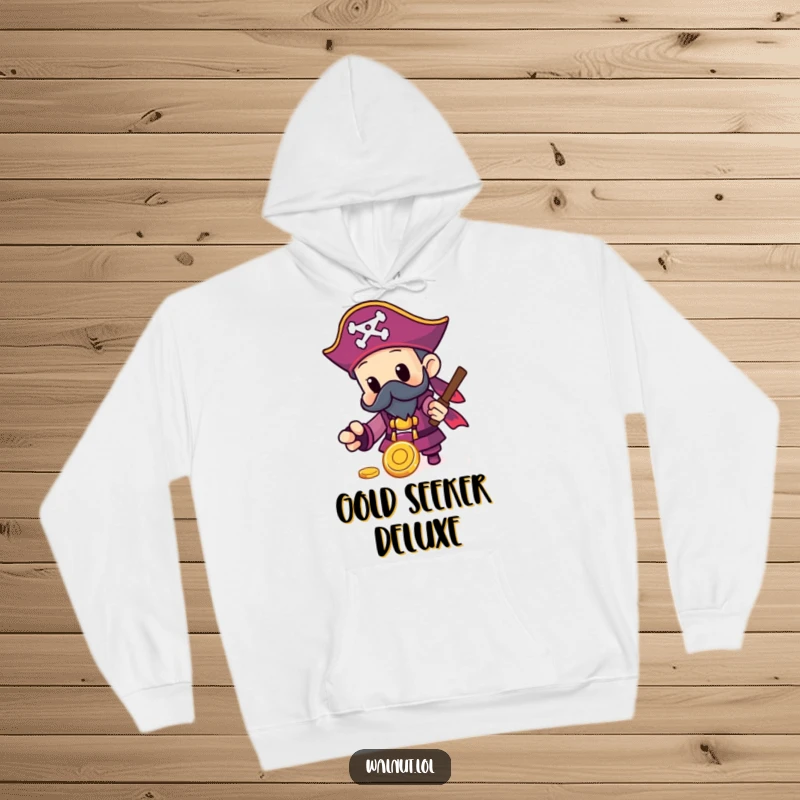 Funny Pirate Hoodie with a character finding a shiny gold coin, perfect for staying warm while celebrating successful treasure hunting.