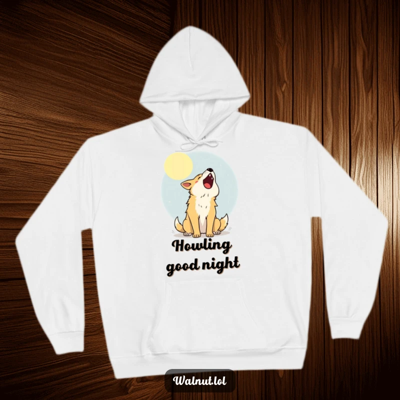 Funny Hoodie featuring a happy wild dog howling joyfully at the moon, perfect for embracing the night.