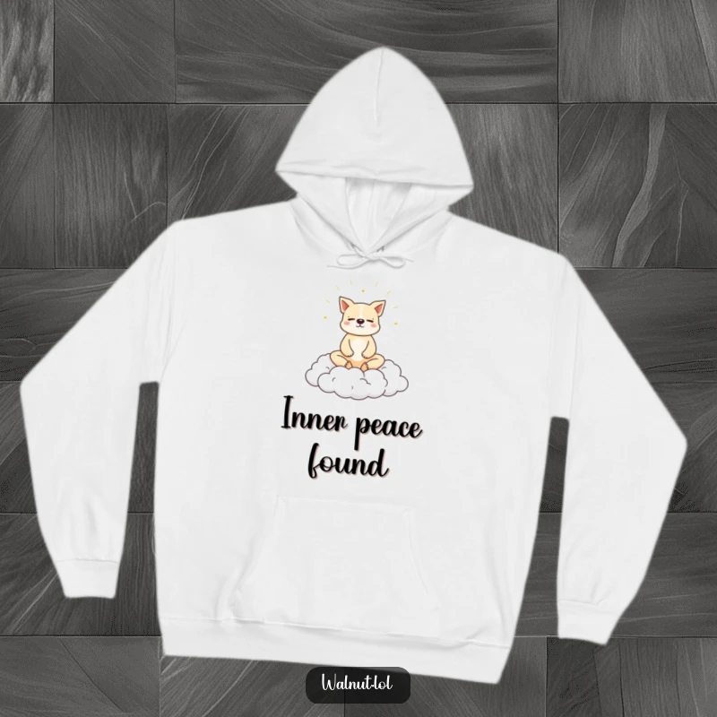 Funny dog hoodie showing a dog meditating peacefully on a cloud, perfect for cozy relaxation.