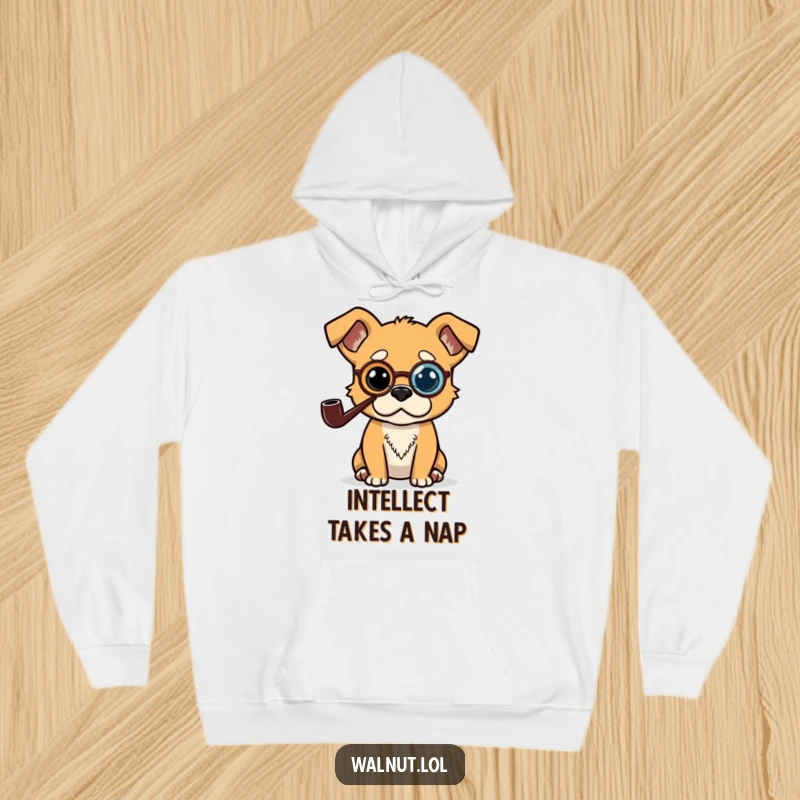 Funny hoodie with a distinguished dog wearing a monocle and pipe, appearing deep in thought, perfect for cozy contemplation.