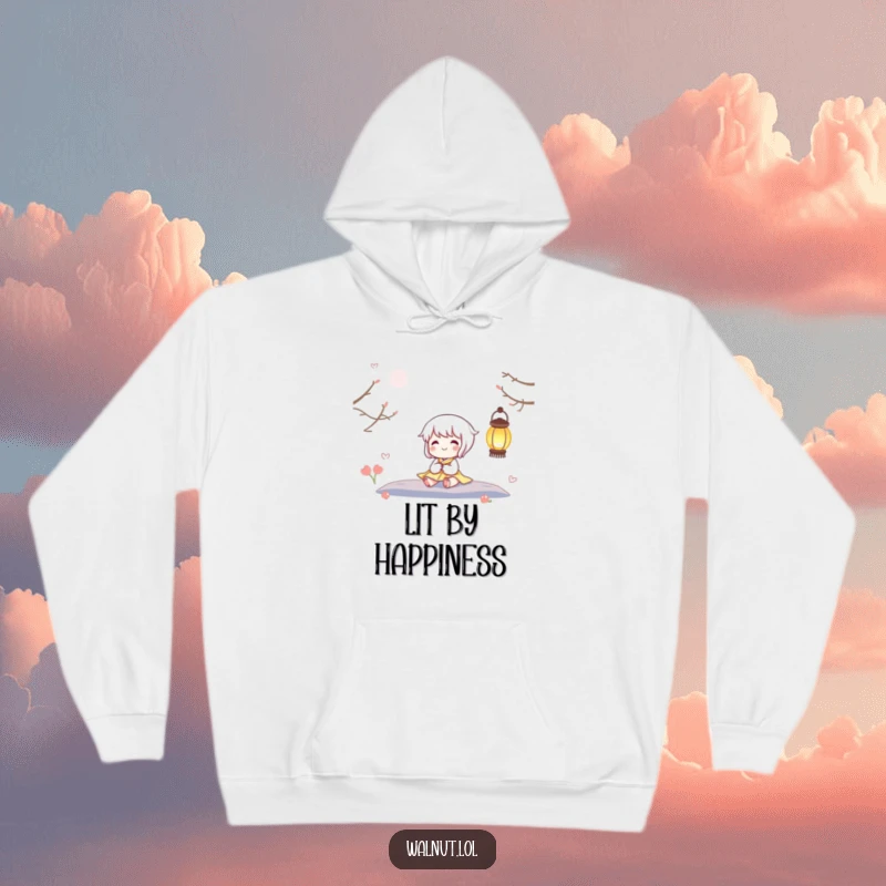 Funny hoodie showcasing a contented character sitting serenely next to a radiant, twinkling lantern, offering warmth and a sense of peace.