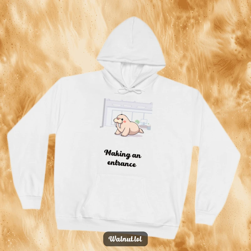 Funny hoodie featuring a walrus sliding across a polished office floor, offering comfort and a humorous reminder of workplace fun.