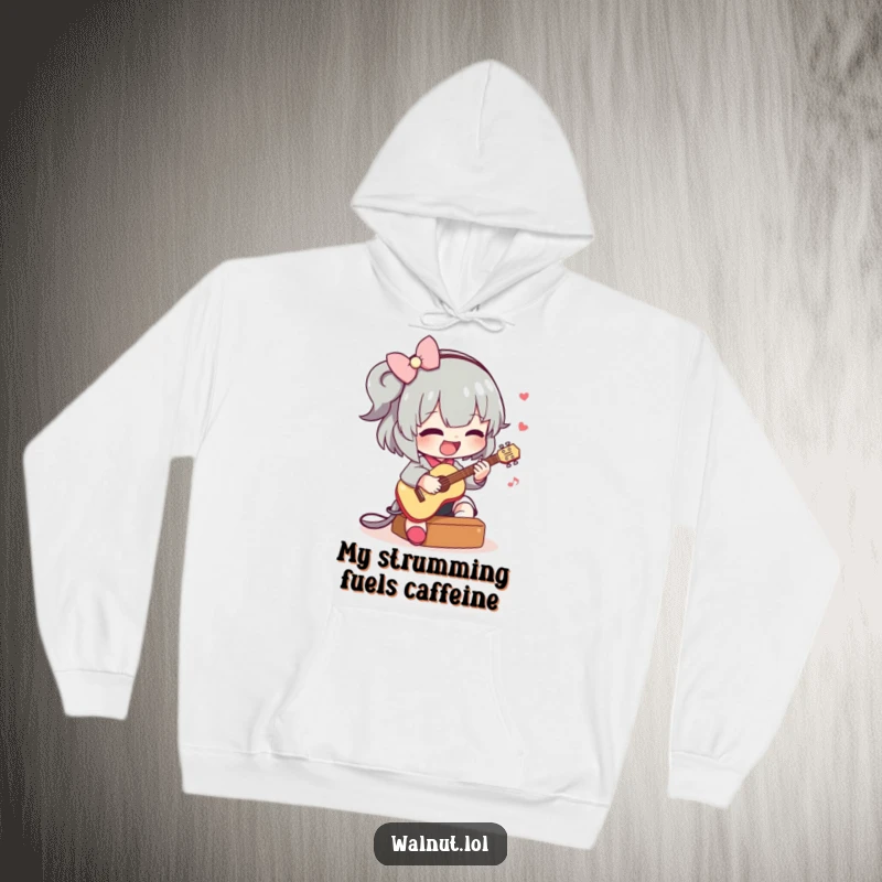 Funny hoodie depicting a cheerful character strumming a miniature guitar, radiating joy and musical talent for a cozy, fun look.