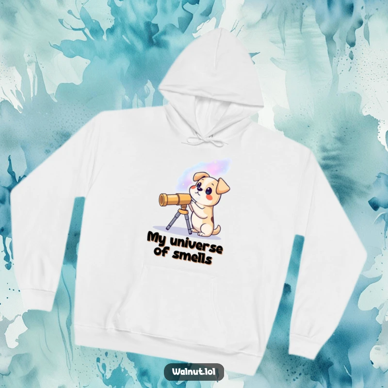 Funny hoodie depicting a dog looking through a telescope at a galaxy, blending comfort with a passion for astronomy.