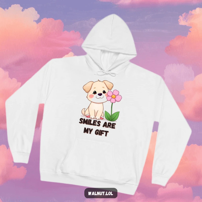 Funny warm hoodie featuring a contented dog smiling at a flower, embodying peace and gentle humor.