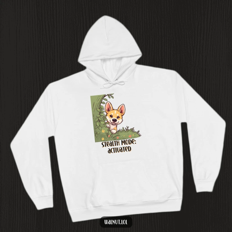 Funny dog hoodie showing a wild dog peeking from behind a bush, radiating curiosity, perfect for cozy days.