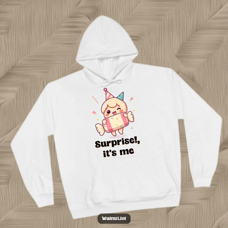 Funny hoodie featuring a character popping a giant party cracker. Cozy and festive wear for party enthusiasts.