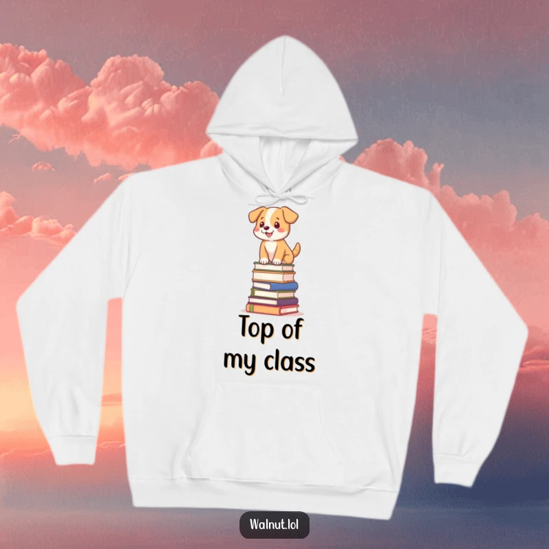 Funny dog hoodie with a dog balancing on a tilted stack of books, cozy and humorous.