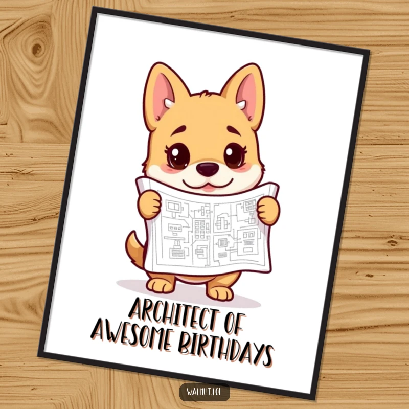 Funny free printable wall art of a curious dog intently studying a complex blueprint, perfect for a home office.