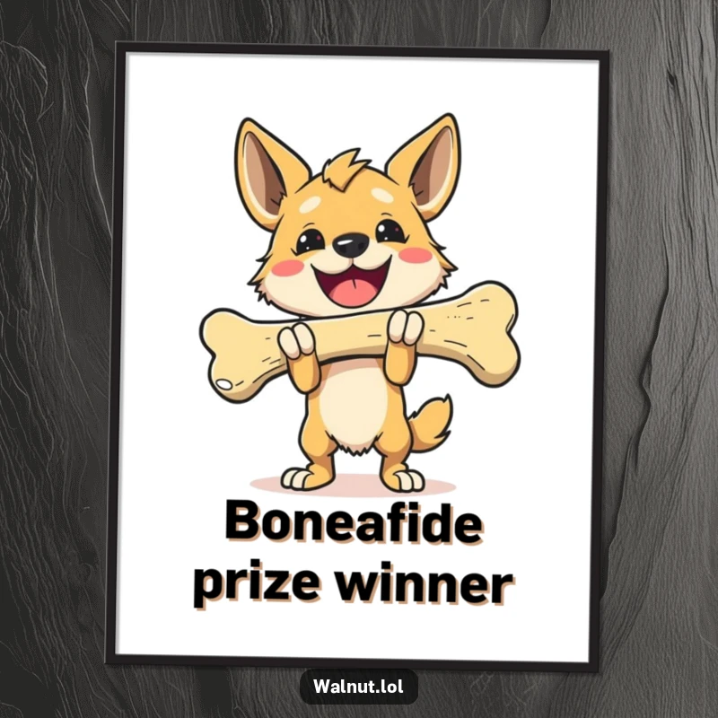 Funny free printable wall art of a wild dog proudly carrying a giant bone, radiating a sense of triumphant accomplishment.