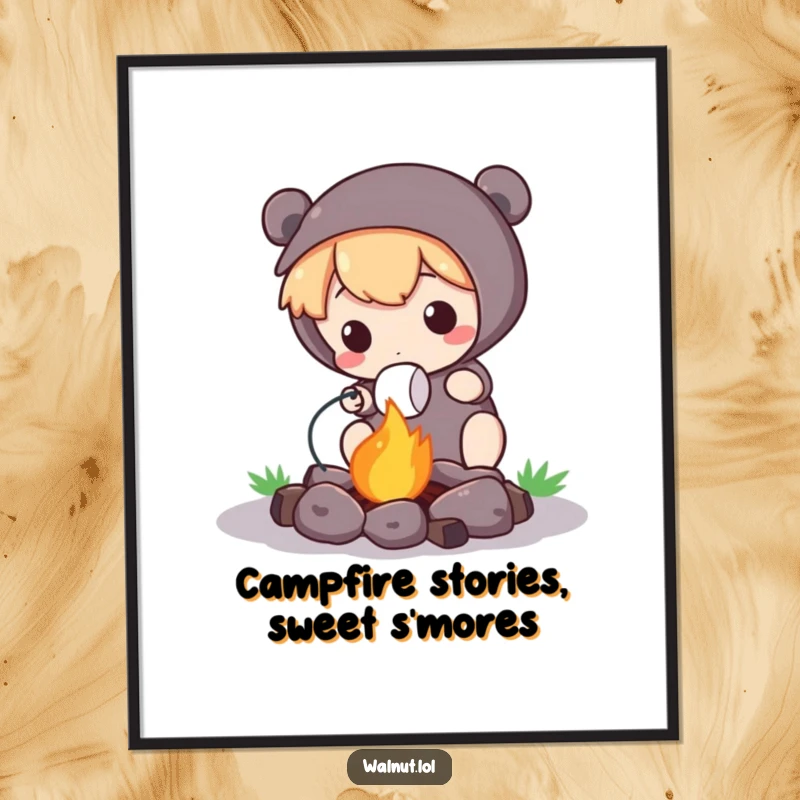 Funny Free Printable Wall Art of a character roasting a marshmallow over a tiny campfire, evoking cozy outdoor vibes.
