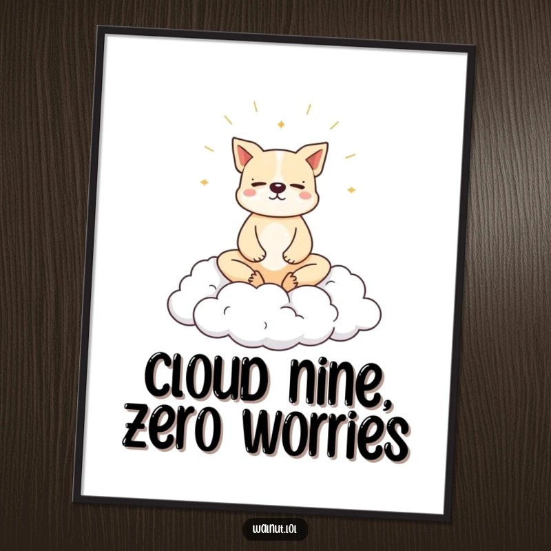 Funny Free Printable Wall Art: A dog meditating peacefully on a fluffy cloud, serene 'Print at Home' decor for relaxation.