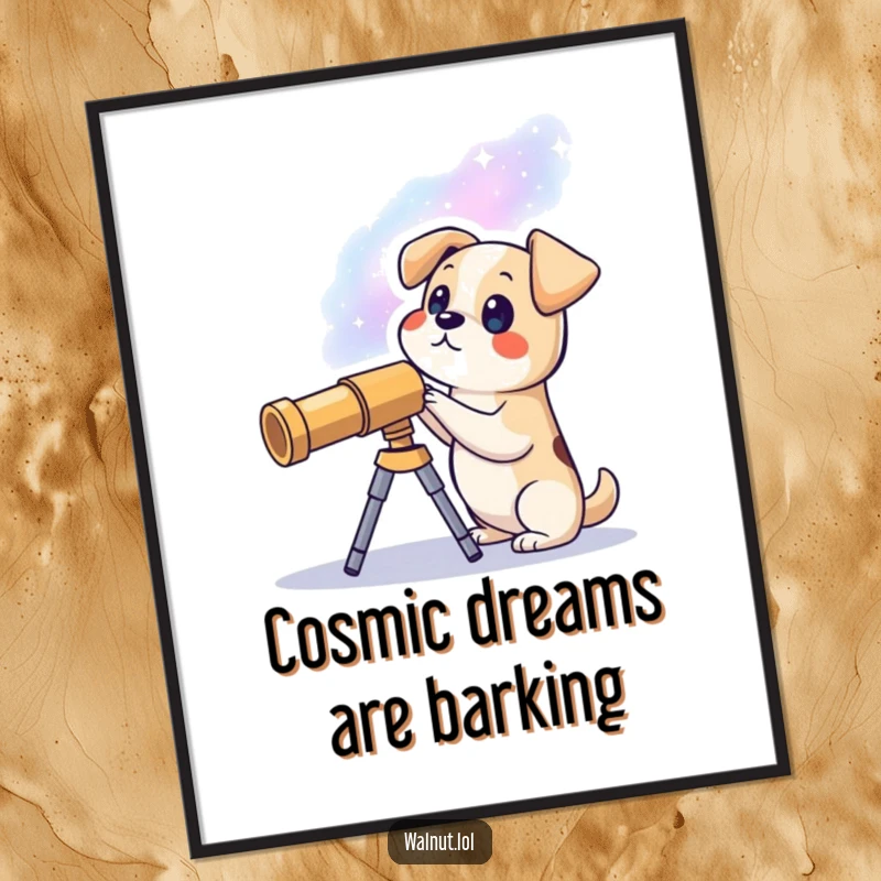 Funny Free Printable Wall Art: A dog comically peering through a telescope at a swirling galaxy.