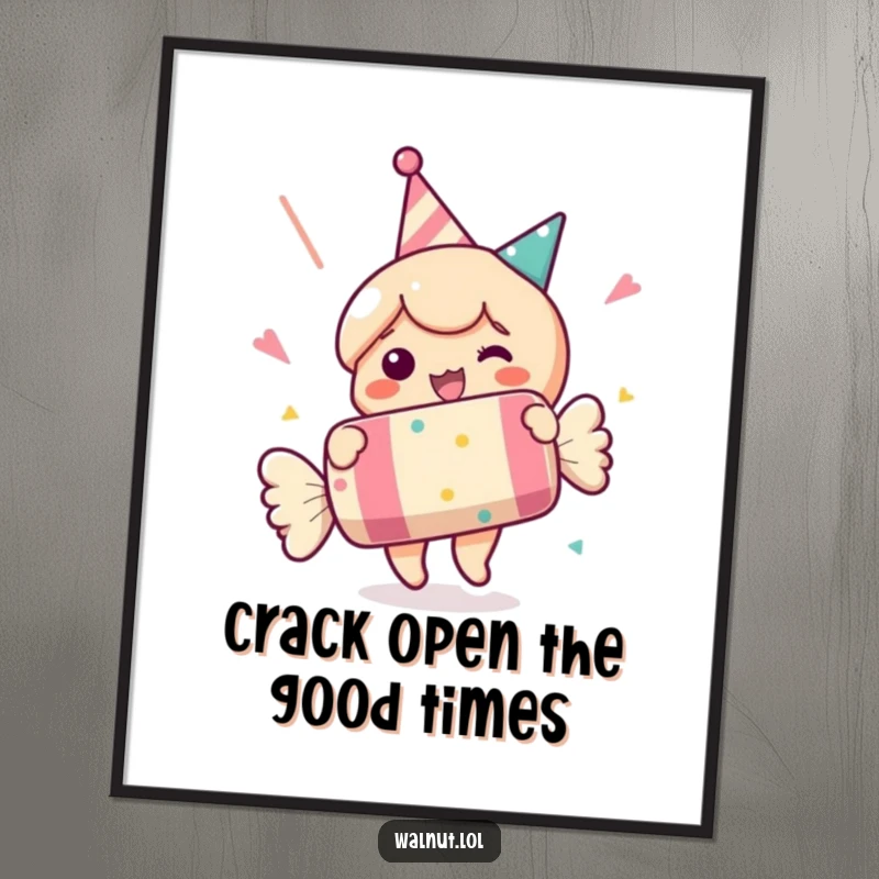 Funny Free Printable Wall Art: A character smiling widely while popping a large party cracker, capturing celebratory fun, downloadable.