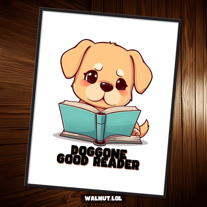 Funny free printable dog wall art, a dog with a furrowed brow engrossed in reading a book.