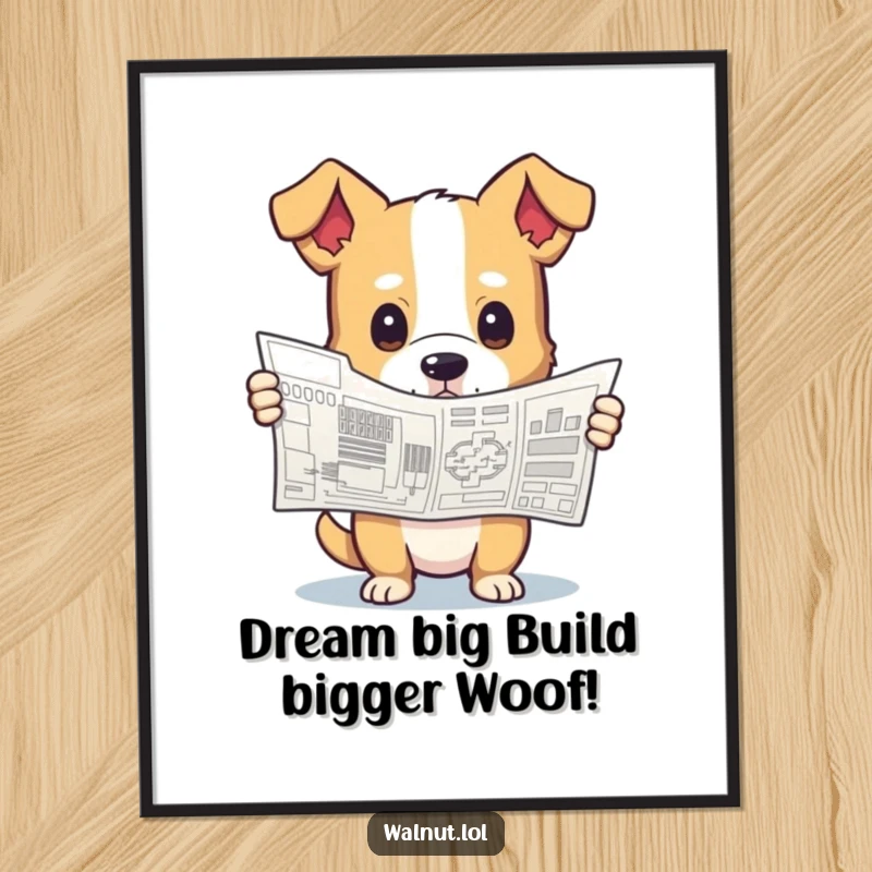 Funny Free Printable Wall Art: A dog holds a complex blueprint with a curious look, pondering grand designs.