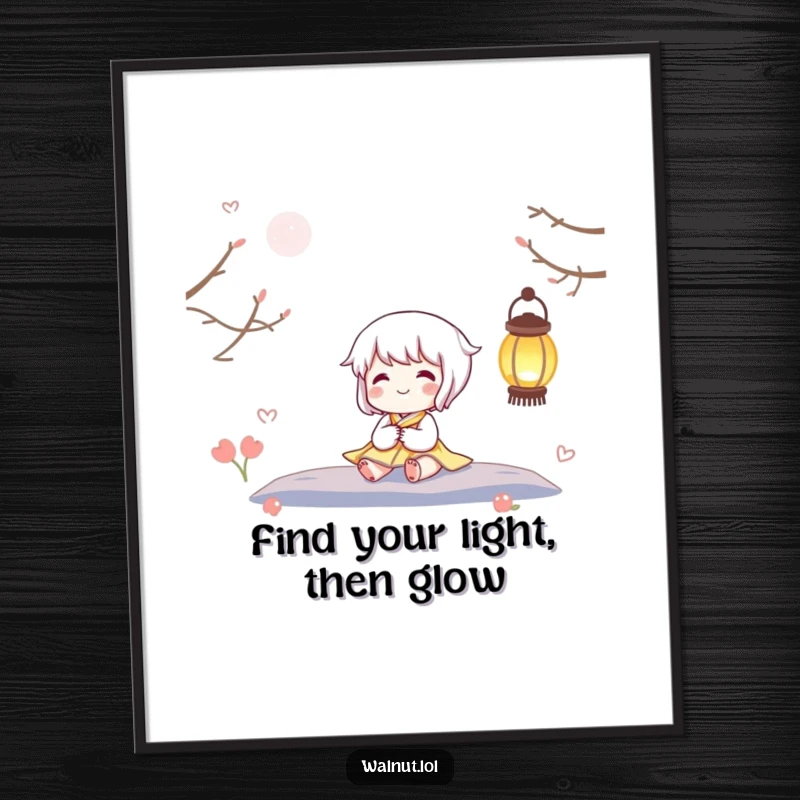 Funny Free Printable Wall Art: A character finds happiness and peace sitting by a soft, twinkling lantern.