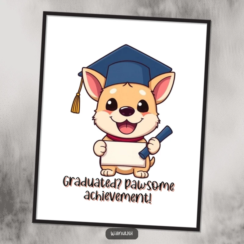 Funny Free Printable Wall Art: An excited dog wearing a graduation cap proudly holds a diploma, radiating downloadable accomplishment.