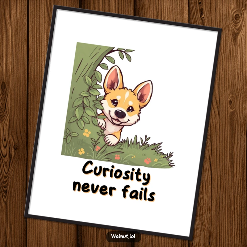 Funny Free Printable Wall Art: A dog's curious face peeks out from behind a lush green bush, inviting a playful gaze.