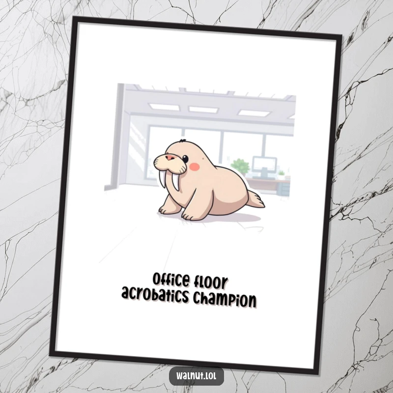 Funny Free Printable Wall Art showcasing a happy walrus sliding effortlessly across a sleek, polished office floor.