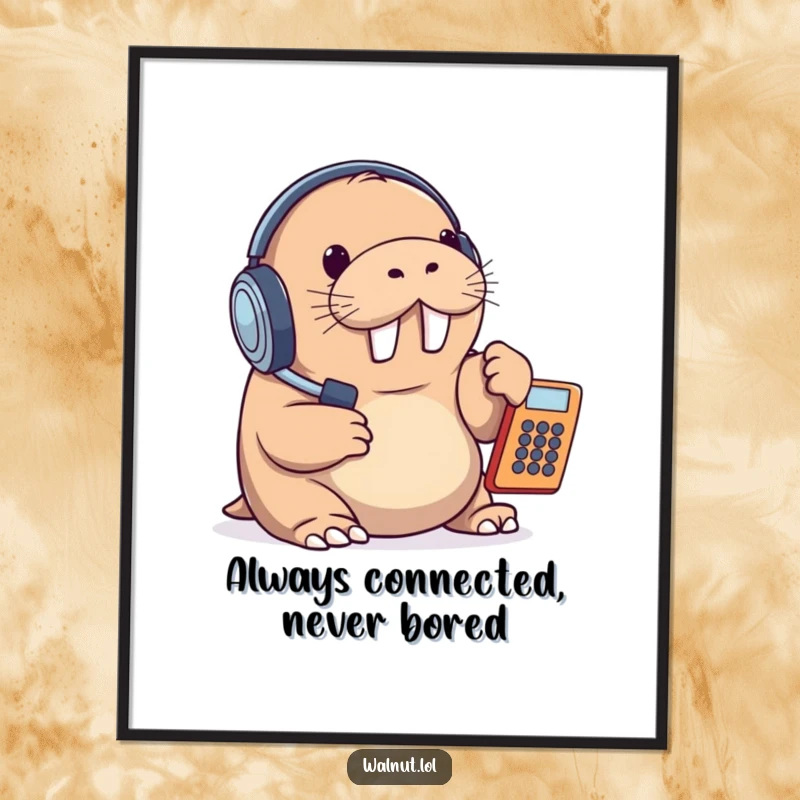 Funny Free Printable Wall Art of a walrus wearing a headset, busy answering a ringing office phone.
