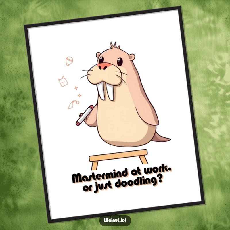 Funny Free Printable Wall Art: A walrus with creative flair sketches ideas on a whiteboard, bringing artistic humor to any room.