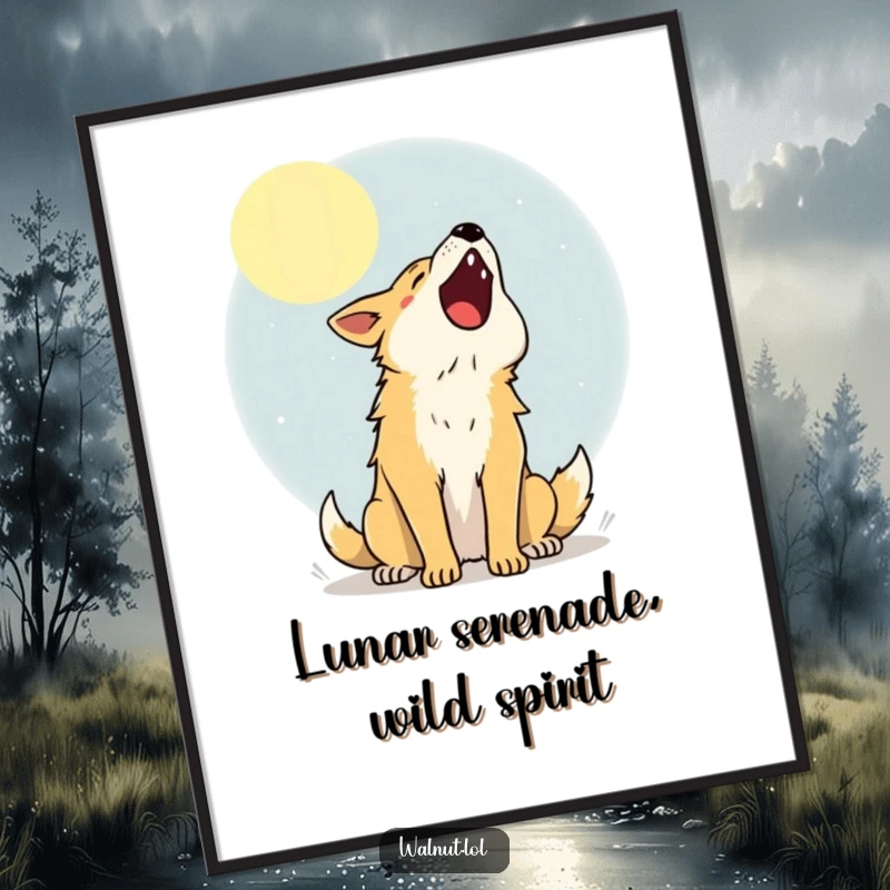 Funny free printable wall art of a wild dog howling with pure joy at a luminous moon, filling the night with sound.
