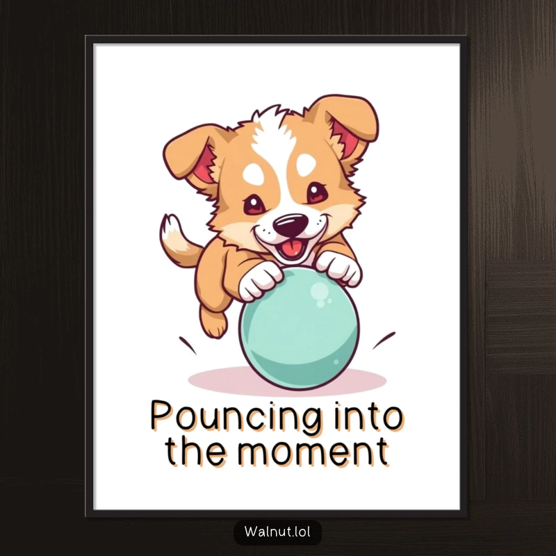 Funny Free Printable Wall Art: A wild dog caught in a hilarious mid-pounce towards a bouncing ball, full of energy.