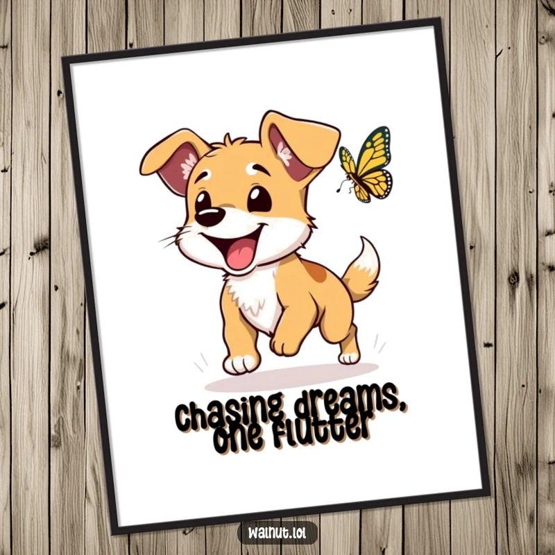 Funny Free Printable Wall Art: Energetic floppy-eared dog joyfully leaps after a delicate butterfly, a whimsical scene.