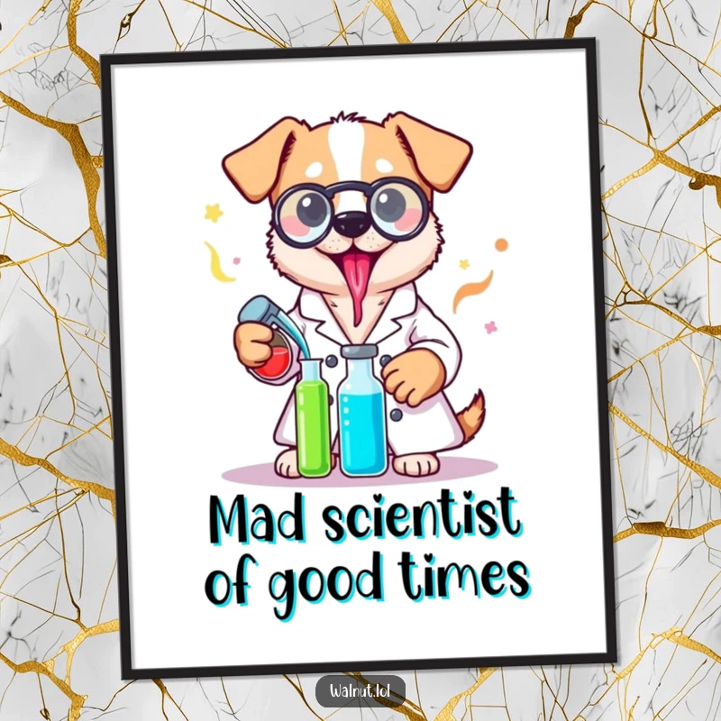 Funny free printable wall art: a smart dog in a lab coat expertly mixing colorful liquids in a laboratory setting.