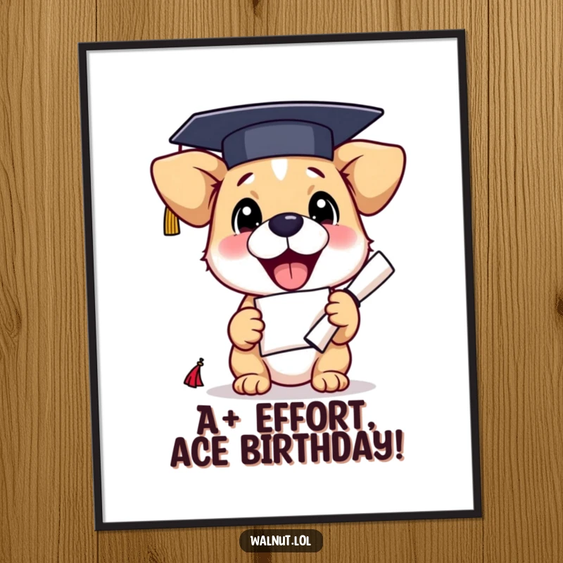 Funny free printable wall art of an excited dog in a graduation cap, diploma in paw, looking ready to celebrate.