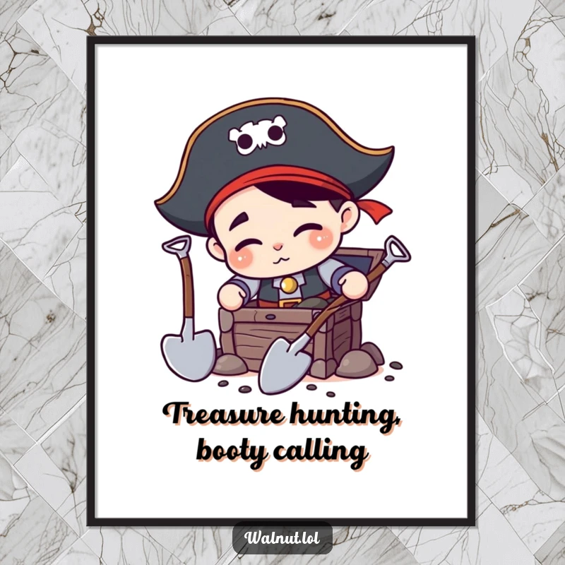 Funny Free Printable pirate digging enthusiastically with two shovels for a treasure chest, adventurous decor.