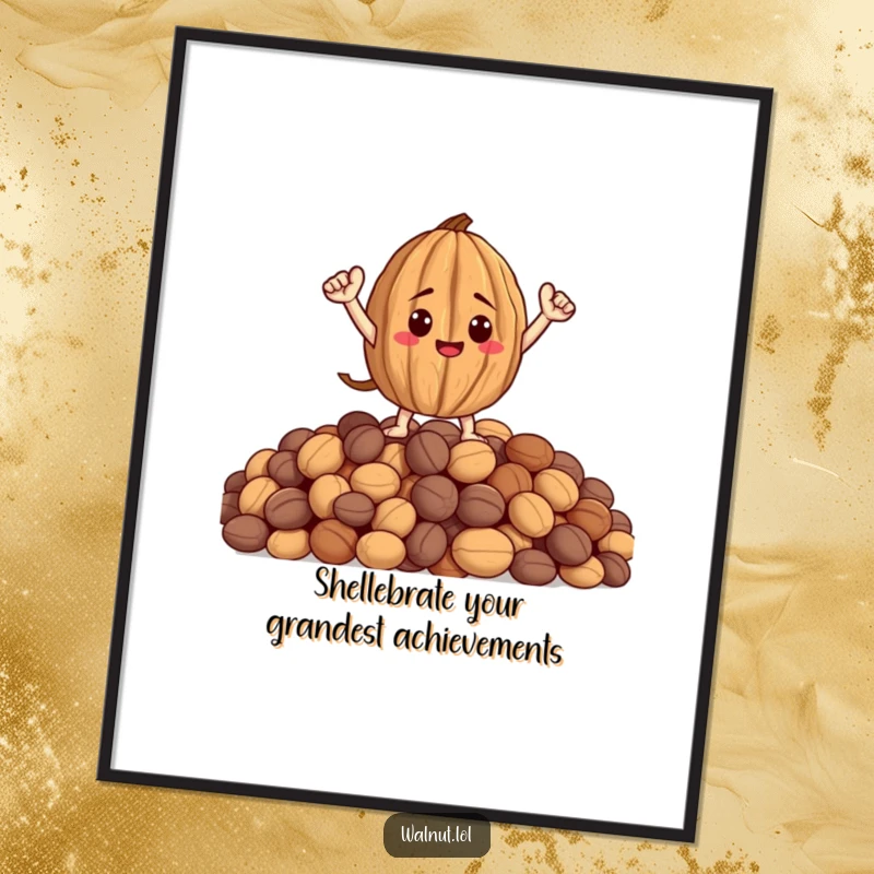 Funny Free Printable Wall Art: A heroic walnut with tiny arms poses victoriously on a pile of nuts, bringing humor.