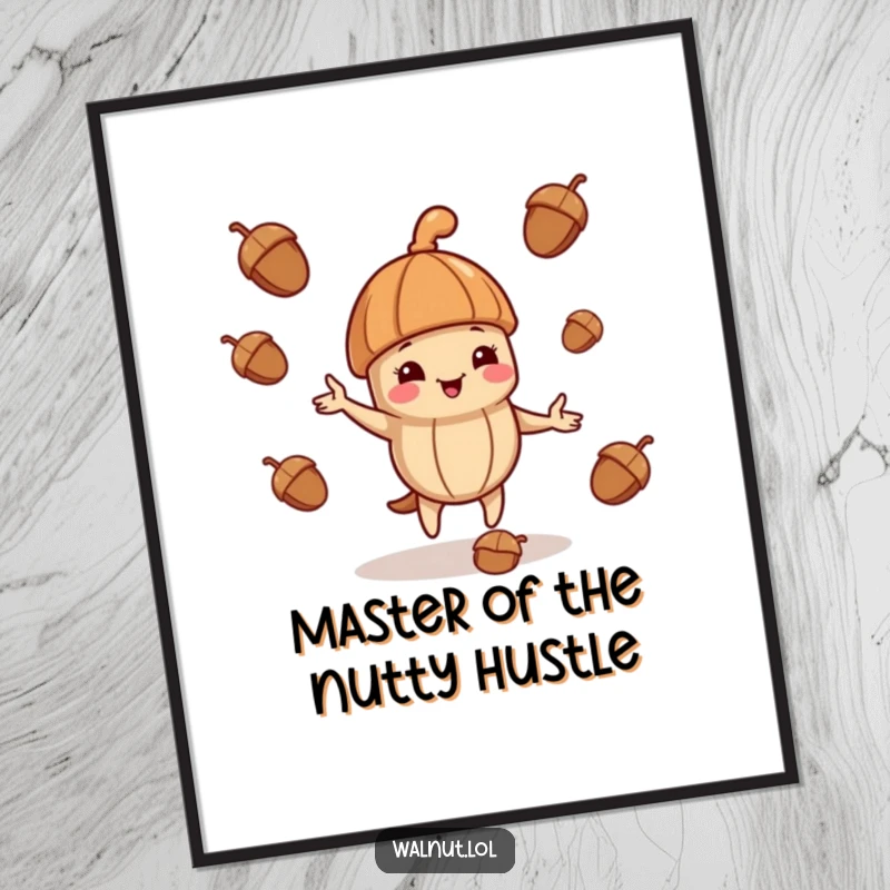 Funny Free Printable Wall Art: A walnut in a jaunty cap skillfully juggles acorns, creating a whimsical scene.