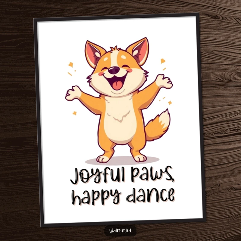 Funny free printable wall art of a wild dog performing an energetic, happy dance, radiating uncontrollable glee and excitement.