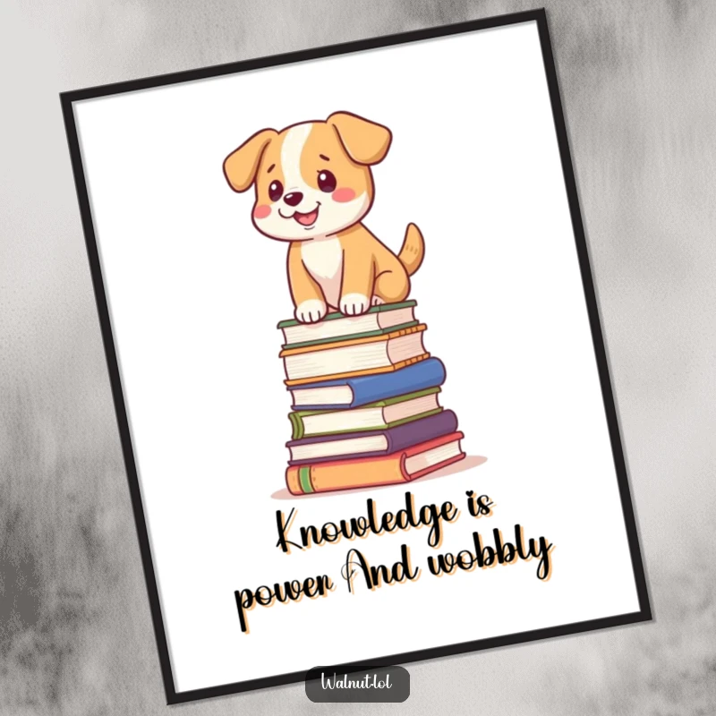 Funny Free Printable Wall Art: A dog balancing expertly on a stack of books, unique 'Print at Home' decor for animal lovers.
