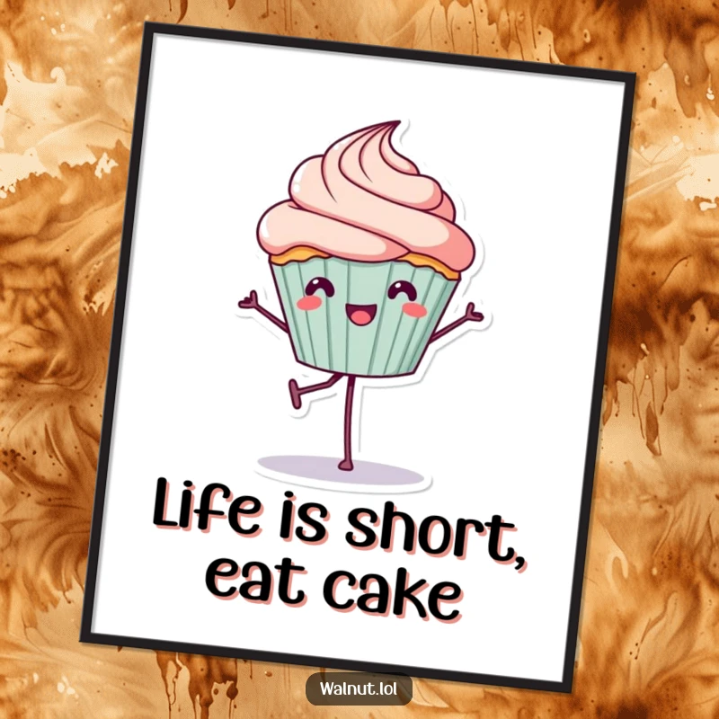 Funny Free Printable Wall Art of a cheerful cupcake character attempting to balance on one leg with a smile.