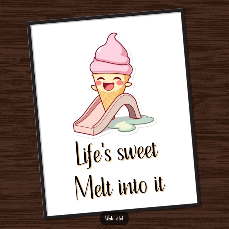 Funny Free Printable Wall Art: A laughing ice cream cone character joyfully melting down a slide, adding quirky charm.