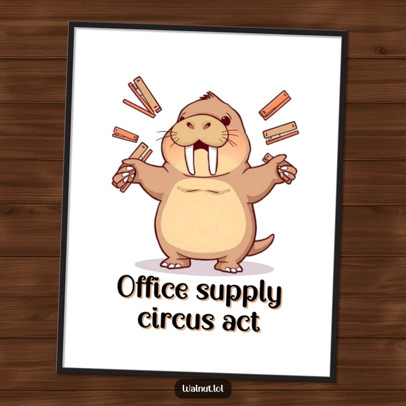 Funny Free Printable Wall Art of a skilled walrus playfully juggling multiple staplers in an office setting.